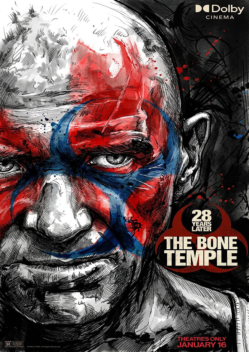 Close up illustrative artwork of a character from 28 Years Later The Bone Temple with red and blue face paint